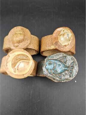 Set of 4 Handmade Art Pottery Napkin Rings Fish Moon Conch Shell